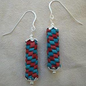 Turquoise and Red Braided Leather Earrings